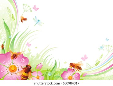 Nature flower background. Spring summer season floral pattern. Mothers day, Birthday, Wedding. Pink Rose hip, grass, leaf, honey bee. Abstract isolated vector illustration. Watercolor greeting card