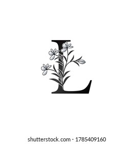 Logo de la Letra inicial L de la flor de la naturaleza, Monograma Elegancia Flores naturales Negras y Blancas Diseño vectorial de estilo ordenado.