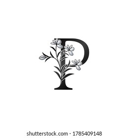 Nature Flower Initial Letter P Logo, Monogram Elegance Black and White Nature Flowers Ornate Style Vector Design.