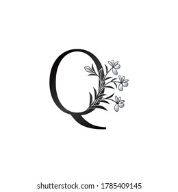 Grünblume Anfangsbuchstabe Q Logo, Monogramm Elegance Schwarz-Weiß-Natur Blumen Ornate Stil Vektordesign.