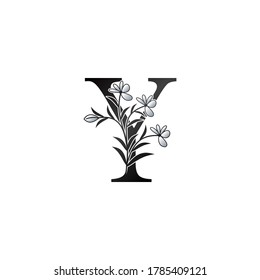 Logo de la carta inicial Y de la flor natural, Monograma Elegancia Flores naturales negras y blancas Diseño vectorial de estilo ornado.