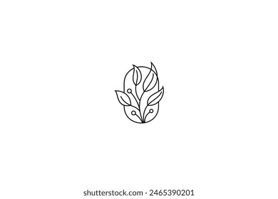 Plantilla de diseño del logotipo de la hoja de la flor de la Naturaleza en marco oval con estilo de diseño de arte de línea