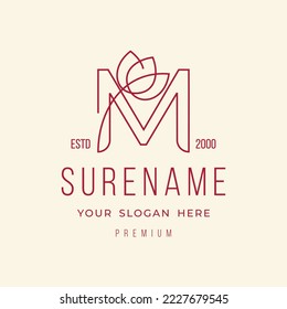 Nature Flower letter M typography logo design with line style for medical, spa, yoga, florist and gardener illustration custom logo design