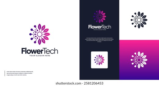 nature flower logo with digital technology concept, connection network, graphic design template.