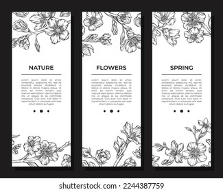 Nature, flower and spring onboard screen templates set. Mobile app, landing page black silhouettes of blooming flowers hand drawn vector
