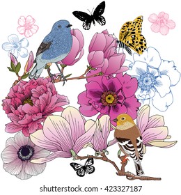Nature, flowers, birds, butterflies vector drawing