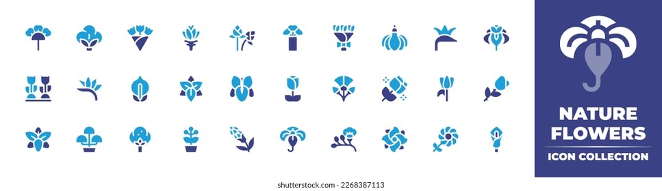 Nature flowers icon collection. Duotone color. Vector illustration. Containing flower, cotton, bouquet, saffron, lotus flower, flower pot, bouquet, yucca, paradise, iris.