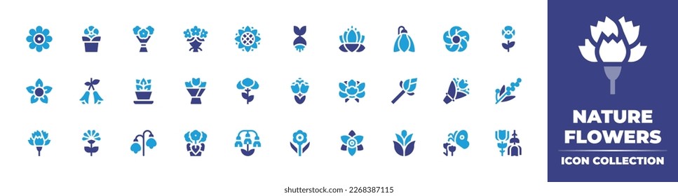 Nature flowers icon collection. Duotone color. Vector illustration. Containing daisy, flower pot, flower bouquet, sunflower, bulb, lotus, snowdrop, clematis, jara, flower, valerian, peony, flora.