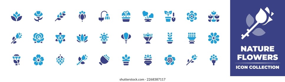 Nature flowers icon collection. Duotone color. Vector illustration. Containing lotus flower, flower, snowdrop, flowers, plant, plant pot, rose, freesia, lotus, flower pot, flower bouquet.