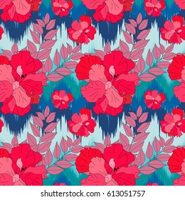 Nature flowers and leaves seamless pattern  ikat background .. Hibiscus flower