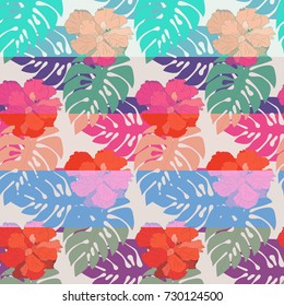 Nature flowers and leaves seamless pattern background .Monstera and hibiscus