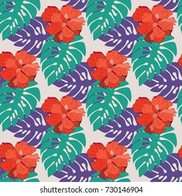 Nature flowers and leaves seamless pattern background .Monstera and hibiscus