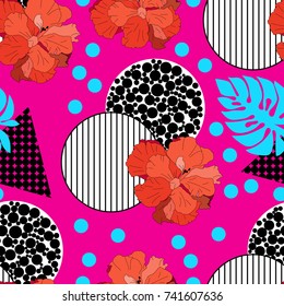 Nature flowers and leaves seamless pattern background .Monstera and hibiscus