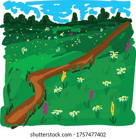 nature with flowers and path trees