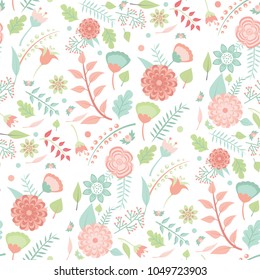Nature flowers vector hand drawn foliage seamless pattern flat style greeting holidays card illustration beautiful bouquet background.