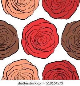 Nature flowers vector seamless pattern in brown, red and orange colors on a white background.