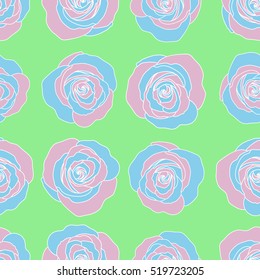 Nature flowers vector seamless pattern in blue, green and pink colors.