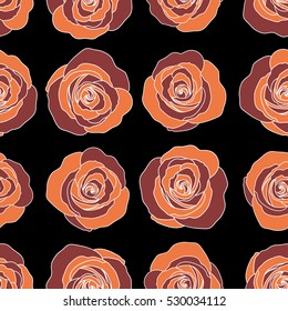 Nature flowers vector seamless pattern in orange and red colors on a black background.