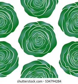 Nature flowers vector seamless pattern in green and blue colors on a white background.