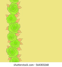 Nature flowers vector seamless pattern in green, beige and yellow colors with copy space (place for your text). Vertical pattern with abstract stylized roses.