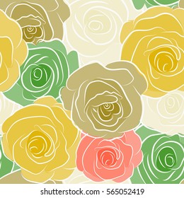 Nature flowers vector seamless pattern in green, orange and yellow colors.
