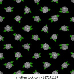 Nature flowers vector seamless pattern in gray colors on a black background.