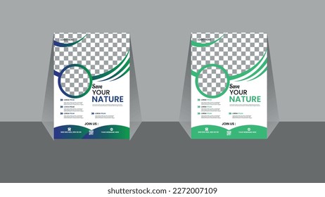 Plantilla de diseño de volante natural, efecto verde y diseño minimalista de volante natural, plantilla de diseño de vectores A4.
