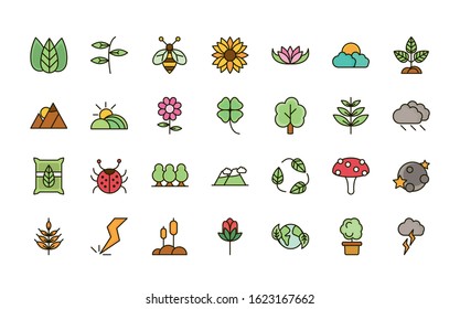 nature foliage botanical ecology drawing icons set vector illustration