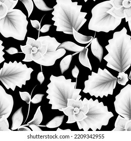 nature foliage seamless background on black. tropical leaves seamless pattern on dark background. vintage tropical pattern. decorative background. jungle wallpaper. night background. autumn. spring