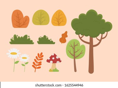 nature foliage tree flower mushroom leaf bush vegetation icons vector illustration