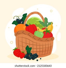 Nature food in basket. Various berries and fruits. Organic and fresh food, vitamins and vegetarian diet, nutrition. Summer or spring harvest, farming and agriculture. Cartoon flat vector illustration