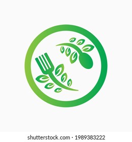 nature food logo design template. simple style logo. spoon, fork and leaf illustration vector