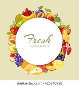 Nature food menu vector background with cartoon fruits. Frame round nutrition tropical for fruit, pomegranate and grape frame template illustration