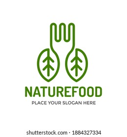 Plantilla del logotipo del vector de alimento natural. Este diseño utiliza un símbolo de hoja y tenedor. Adecuado para negocios saludables.