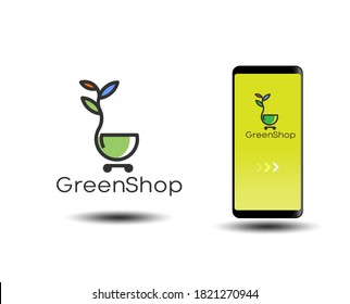 nature food vegan Online Shop logo designs template, Phone Shop symbol icon with shopping Trolley. cannabis