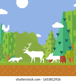 Nature Forest Animal Silhouettes, Environment Protection Concept, Vector Illustration. Silhouette Of Deer, Fox, Wild Boar And Capercaillie In Forest. Hunting Season, Wild Animals, Trees In Flat Style