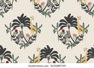 Nature forest and animals pattern seamless. Zebra and giraffe. Palm tree and flowers. Jungle, Africa. Vector digital pattern, fabric print, wrapping, Aztec, wallpaper, textile, floral, decorative 