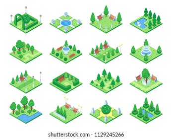 Nature forest elements, plants symbol and green trees for city 3d isometric game map town grass garden plant. Isolated park ecology landscape tree bush realistic vector icons set