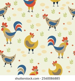 Nature, forest, farm, chicken, abstract trees and  flowers, cottage hauses. Trendy background, seamless pattern. Vector