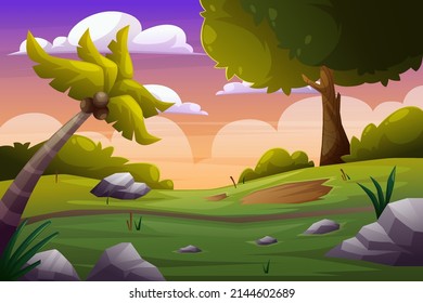 Naturwald-Landschaft-Hintergrund-Illustration für glücklicher Erlebtag mit Seenlandschaft