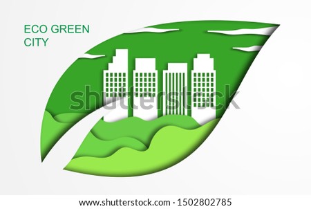 Nature and forest landscape concept with green eco city template background in Paper craft art style design. Green city Ecology and environment conservation concept in paper cut. Vector illustration.
