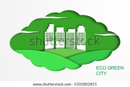 Nature and forest landscape concept with green eco city template background in Paper craft art style design. Green city Ecology and environment conservation concept in paper cut. Vector illustration.
