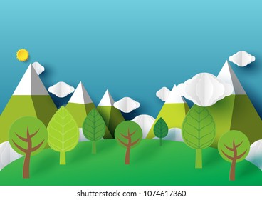 Nature forest landscape creative idea concept design.Origami trees,mountains clouds on blue sky paper art style.Vector illustration