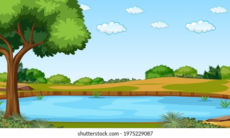 Nature forest landscape at daytime scene with long river flowing through the meadow illustration