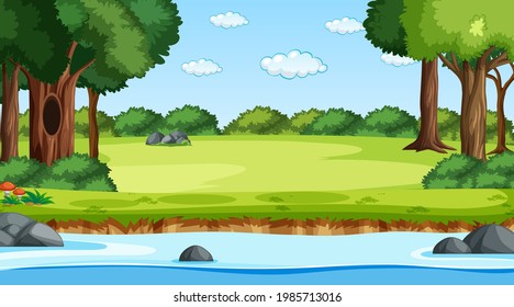 Nature forest landscape at daytime scene with river flowing through the forest illustration