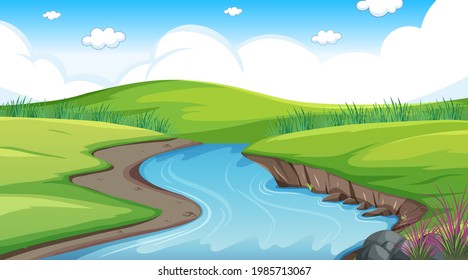 Nature forest landscape at daytime scene with long river flowing through the meadow illustration