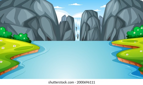 Paisaje de la selva natural durante el día con ilustración de cascada
