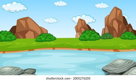 Naturwaldlandschaft tagsüber mit Fluss, der durch die Waldgrafik fließt