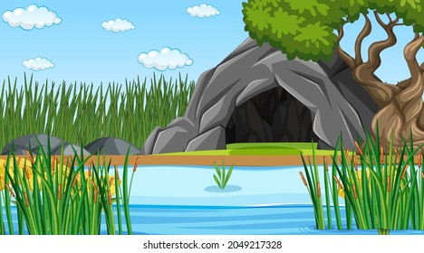 Nature forest landscape at daytime scene with stone cave illustration