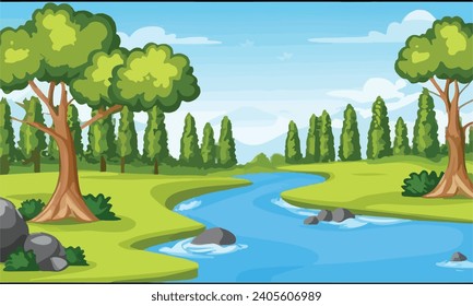 Nature forest landscape at daytime scene with long river